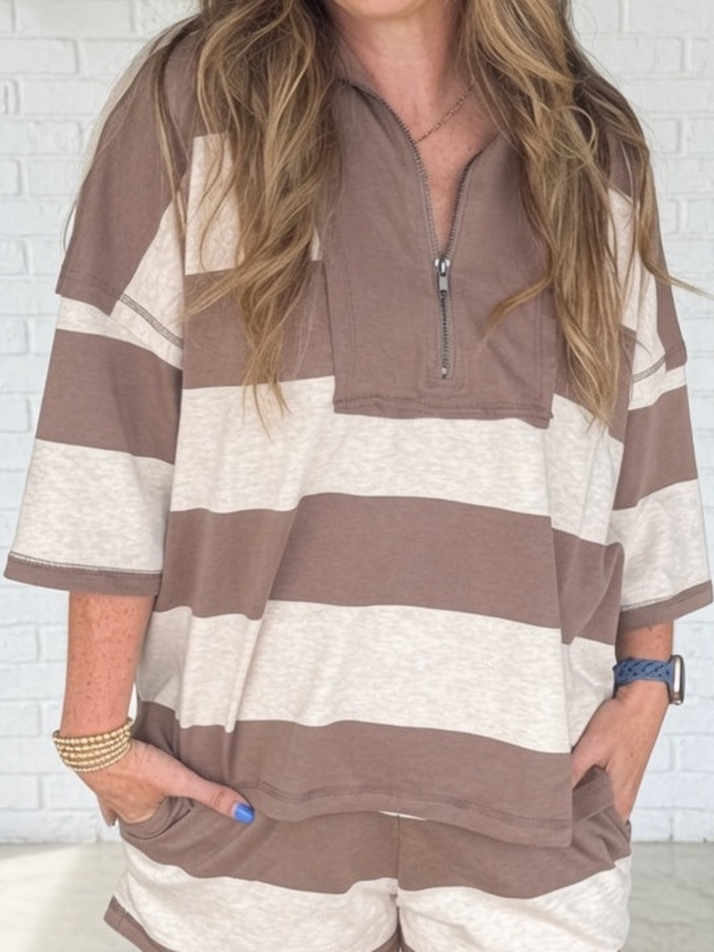 Zenana French Terry Color Block Top & Shorts Set in Mocha Brown & Cream